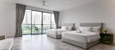 a bedroom with two beds and a large window at Modern Luxury Villa Hinai by Simple Sanctuary in George Town