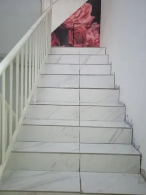 a stairway with white stairs with a painting on the wall at Rest N Go CH in Tanah Rata