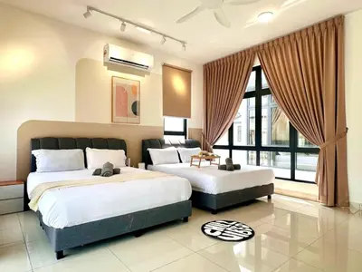 a bedroom with two beds and a large window at Modern Stylish 4BR Family House I Machang Bubuk in Bukit Mertajam
