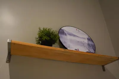 a mirror on a wooden shelf with a potted plant at Morikoi Cottage in Ipoh