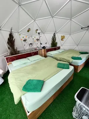 a couple of beds in a room with green grass at Mountain View Sameer Glamping in Cameron Highlands