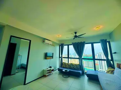 a living room with a ceiling fan and large windows at Elegant 3BR Luxury City View Comfortable for 10 in George Town