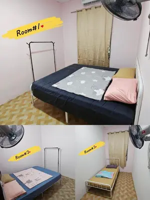two pictures of a room with a bed and a fan at Yoland Homestay Baling Kedah in Baling