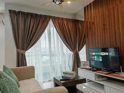 a living room with a tv and a large window at Mansion One Studio VIP Parking Gleneagles Gurney in George Town