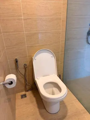 a bathroom with a toilet and a roll of toilet paper at By The Sea Suites - Managed by SDBMS in Batu Ferringhi