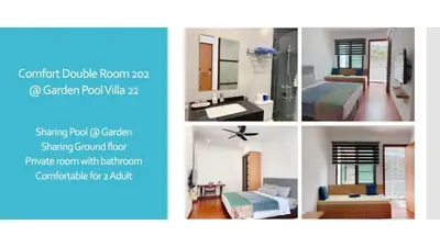 a collage of four pictures of a room at HUPO Guest Room in Batu Ferringhi