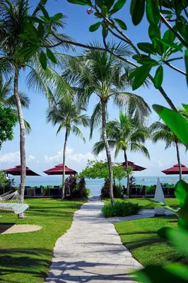 a path through a park with palm trees at PARKROYAL Penang Resort in Batu Ferringhi
