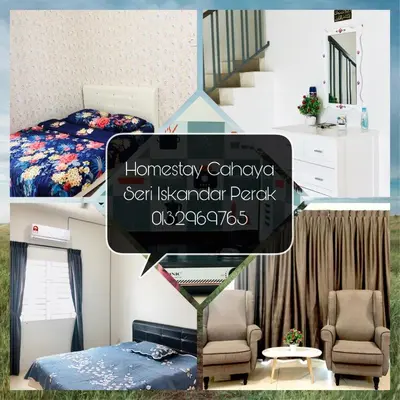 a collage of photos of a room with a bed and chairs at Homestay Cahaya 1 Seri Iskandar in Seri Iskandar