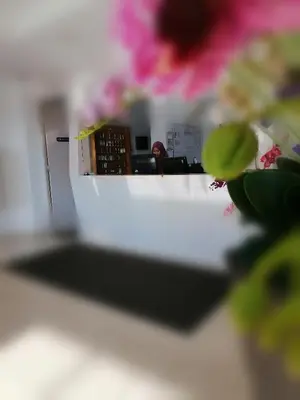 a close up of a desk with flowers in the foreground at Northern Lodge Hotel in Sungai Petani