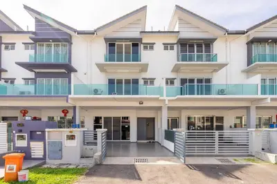 a large white building with blue windows at COCONUT HOMESTAY Tanjong Karang Sekinchan Kuala Selangor in Kampong Sungai Kajang