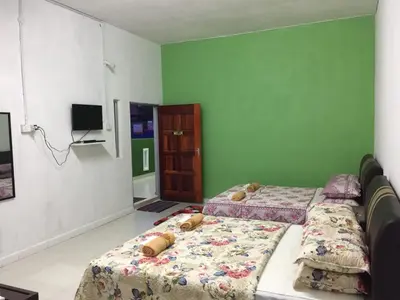 a bedroom with two beds and a green wall at Bunga Raya Guest House BALING in Baling