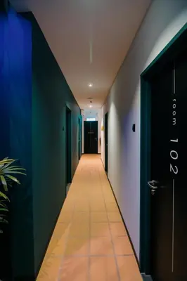a hallway with green walls and a long corridor at Kooning in George Town