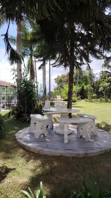 a group of picnic tables sitting under a tree at Cameron Greenhill Apartment in Cameron Highlands
