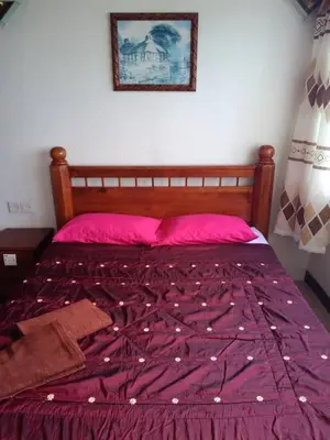 a bedroom with a bed with pink sheets and a picture on the wall at The Barn private home @ Sri Sayang Apartment in Batu Ferringhi