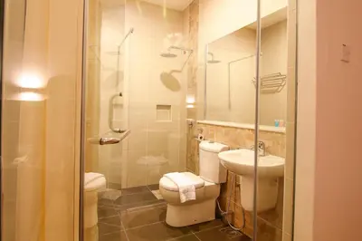 a bathroom with a toilet and a sink and a shower at Art Cottage Hotel in Ipoh