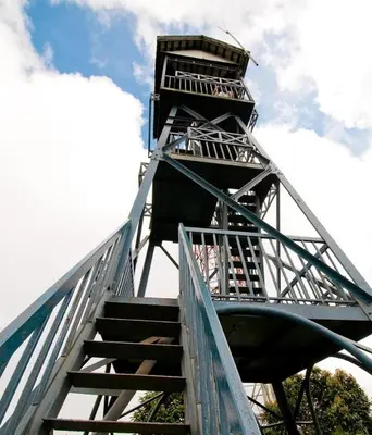 a metal staircase leading up to the sky at Strawberry Park Resort in Cameron Highlands