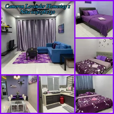 a collage of photos of a bedroom and a living room at Cameron Lavender Homestay in Cameron Highlands