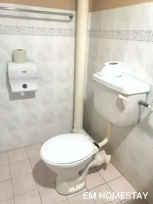 a bathroom with a white toilet in a room at EM HOMESTAY(Coral Bay 3Room Apartment) in Pangkor