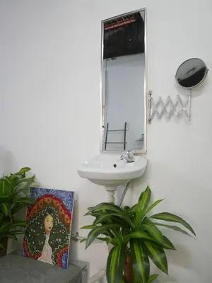 a bathroom with a sink and a mirror and a painting at little heritage home in George Town