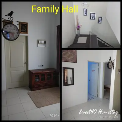 two pictures of a room with a family hall at Sweet40 Homestay in Kampong Batu Lapan