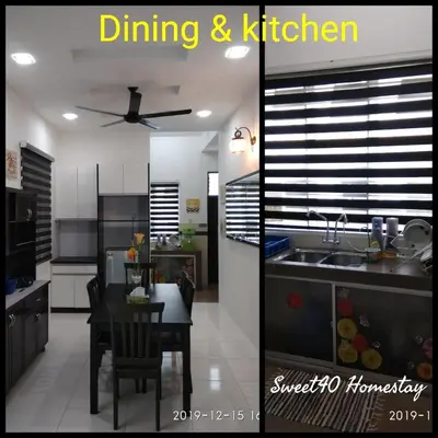 a kitchen with a sink and a table with a dining room at Sweet40 Homestay in Kampong Batu Lapan