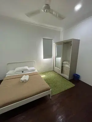 a bedroom with a bed with a mirror and a green rug at Suri Homestay, Taiping in Taiping