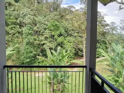 a balcony with a view of a forest at Sementra Hot Spring Nature Resort in Gopeng