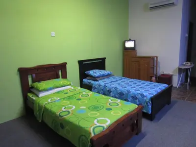 two beds in a room with green walls at Happy Owl in Ipoh