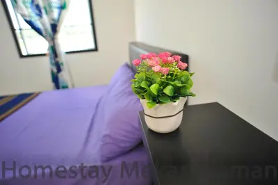 a potted plant sitting on a table next to a bed at homestay mekar idaman in Kepala Batas