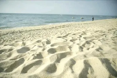 a beach with footprints in the sand and the ocean at VIP Suite Seaview Resort Batu Ferringhi 1202 - 3 Rooms in Batu Ferringhi