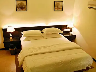 a bedroom with a large white bed with two lamps at ERNES Hotel in Perai