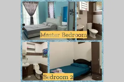 two pictures of a bedroom with a bed and a bathroom at ZuHa Muslim Homestay, Taman Lestari Baru, Lumut in Lumut