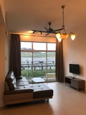 a living room with a couch and a large window at Barrington Square 1 Room Apt @ Pasar Malam in Brinchang