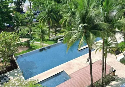 an overhead view of a swimming pool with palm trees at Beachfront Resort By The Sea, Batu Ferringhi in Batu Ferringhi