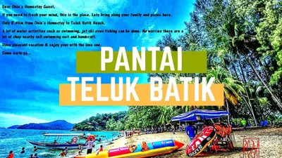 a poster for a resort on a beach with boats at Onies Homestay Lumut Manjung in Lumut