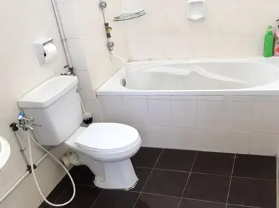 a bathroom with a white toilet and a bath tub at Pinang Beach Cottage @ Ferringhi in Batu Ferringhi