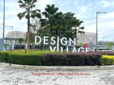 a sign in front of a building with palm trees at Entire Cozy Home 16 • 3 bedroom @ Alma Bukit Mertajam in Bukit Mertajam