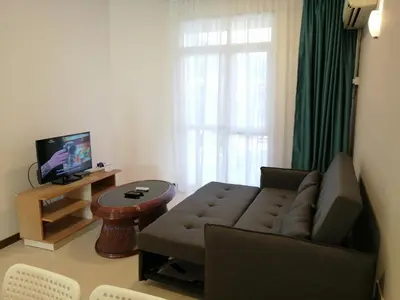 a living room with a couch and a table and a television at Bayu Emas Apartment by Wellington Resorts in Batu Ferringhi