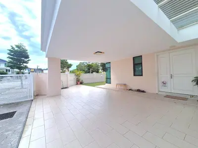 a large white room with a patio with a fence at FERRINGHI RESORT 5-BEDROOM with POOL, BBQ SET, WiFi, Netflix & WALK to BEACH in Batu Ferringhi