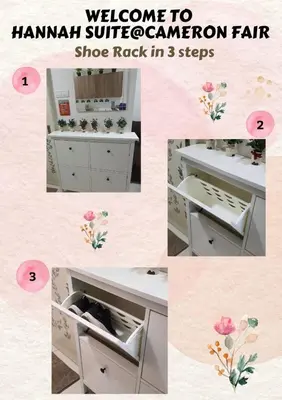 a collage of photos of a white desk with flowers at Hannah suite at cameronfair in Cameron Highlands