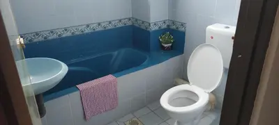 a bathroom with a blue tub and a toilet at Afamily Homestay in Ipoh
