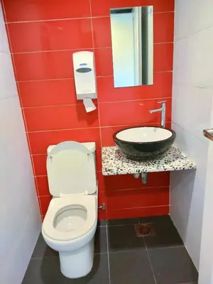 a red bathroom with a toilet and a sink at HOTEL YTS in Brinchang