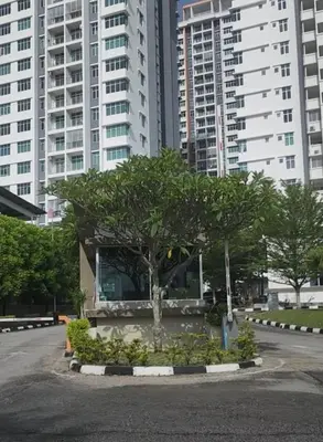 a tree in the middle of a street with tall buildings at Muslim Apartment at Meru in Ipoh