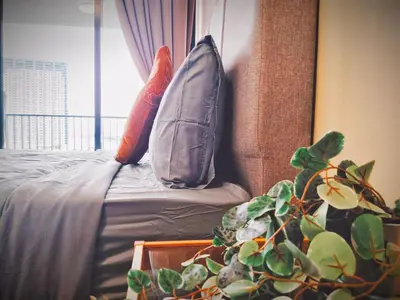 a bed with two pillows and a plant in a room at THE LANDMARK BY KATANA New 3BR Grand Seaview Homestay at Gurney \u65e0\u654c\u6d77\u666f\u4e09\u623f\u5957\u623f in Tanjung Bungah