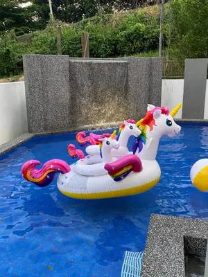 a unicorn inflatable raft in a swimming pool at 30PAX 7BR Villa with Kids Swimming pool, KTV, Pool Table n BBQ near SPICE Arena Penang 9800 SQFT in Bayan Lepas