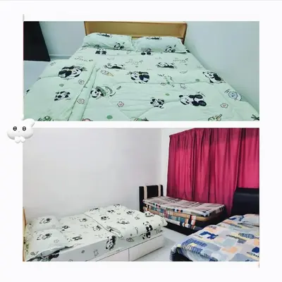 two pictures of a bedroom with a bed with pandapillars at HomeStay with Serene Surrounding in Nibung Tebal