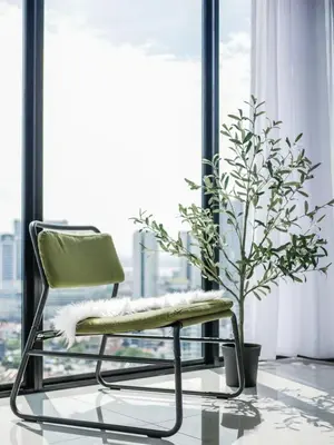 a chair and a potted plant in front of a window at BEACON LeNa #Seaview#RoofTopPool#6pax#Georgetown in George Town