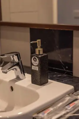 a soap dispenser sitting on top of a bathroom sink at Deluxe Seaview Suite Twin Bed by The Only Bnb in Tanjong Tokong
