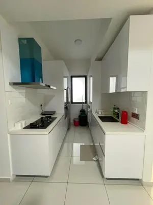a white kitchen with white cabinets and a window at New 2BR Georgetown Warm and Lovely Homestay 10pax-\u65e0\u654c\u7f8e\u666f\u4e24\u623f\u6c11\u5bbf Beacon Executive Suite in George Town