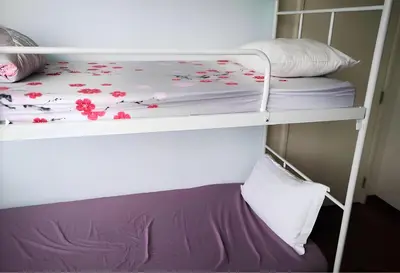 a bunk bed with purple sheets and pink flowers on it at Tree Family Executive Suite 3 BR /8 PAX Gurney in Tanjong Tokong